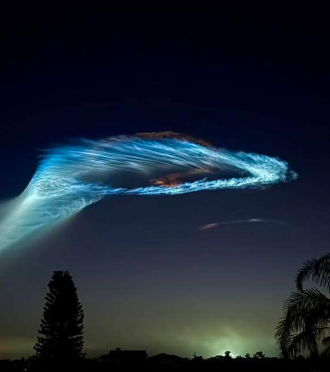 A SpaceX rocket launch plume swept into a curling wing at dawn over the Florida coast