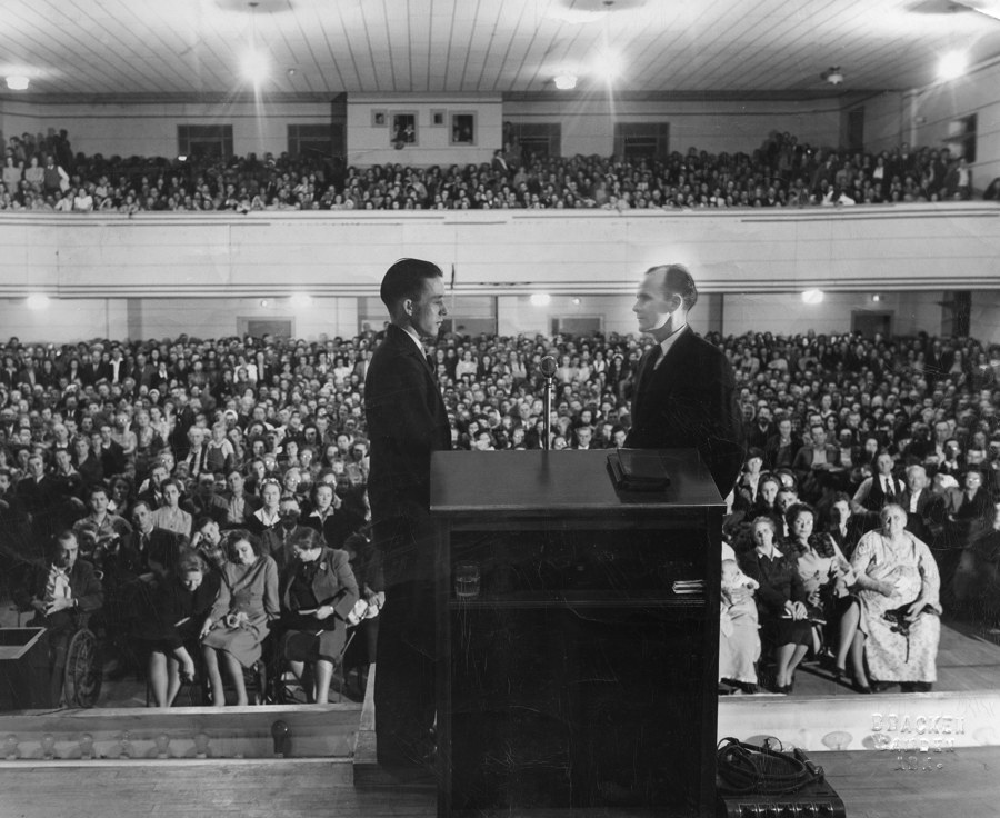 William Branham preaching at a campaign meeting, c. 1950